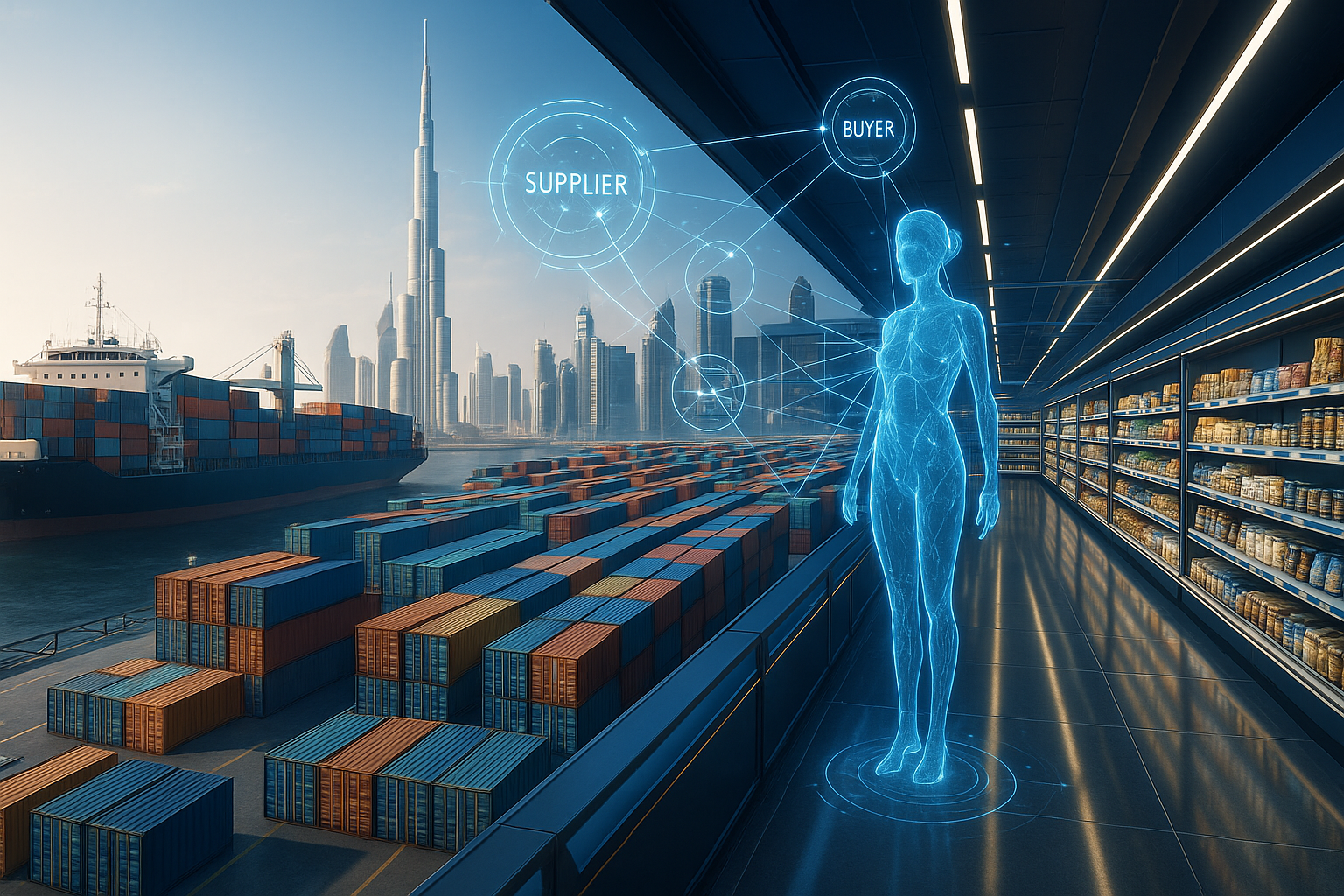 A global food trading hub with cargo ships, shipping containers, supermarket aisles, and AI holograms matching suppliers to buyers. Dubai skyline in the background, premium corporate colors, ultra-realistic style.