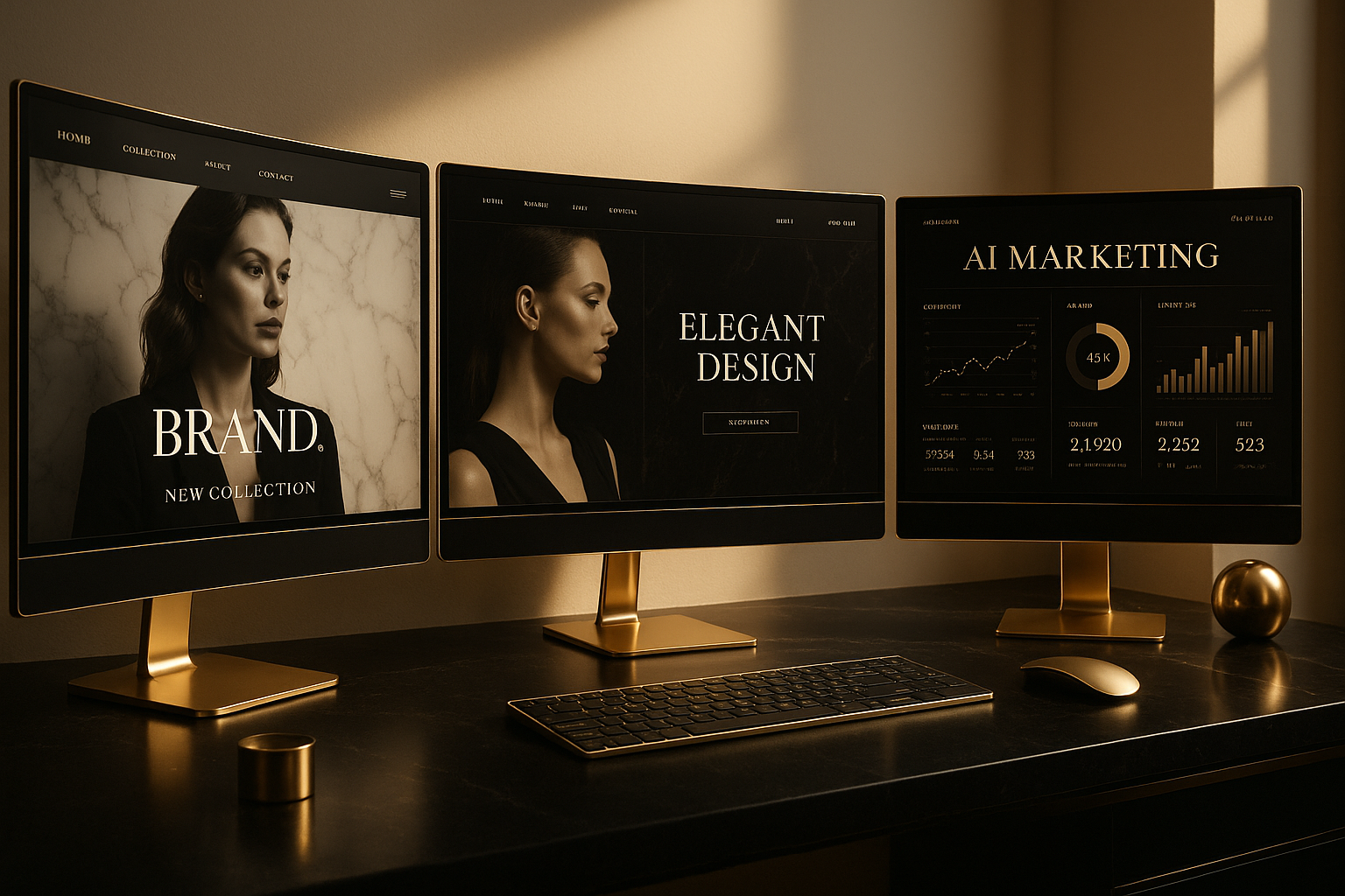 An elegant digital workspace with luxury brand websites on large curved monitors, AI marketing dashboards, gold accents, and premium typography. Black, gold, and white theme, cinematic lighting, ultra-luxurious design.